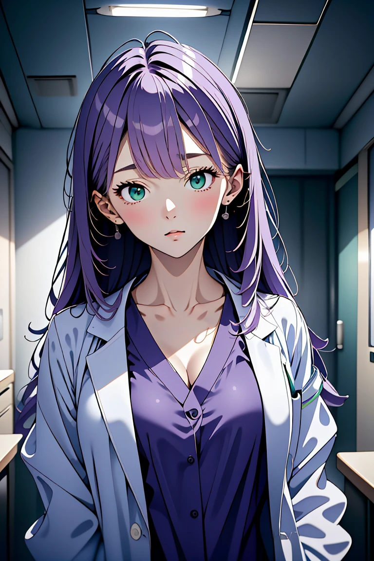 (RAW photo, best quality,facing the viewer,from front), operating room, overhead surgical light,blurred background, focused, dithering,backlighting,
 <lora:CMC924_Isabella_Moretti_V1.0:0.9> cmc924, isabella moretti, 1girl, solo,purple hair, green eyes,long hair, <lora:DW_PG_Doctor_LabcoatOverScrubs1_1:0.8> labcoat and scrubs, 1girl, solo, looking at viewer, stethoscope,