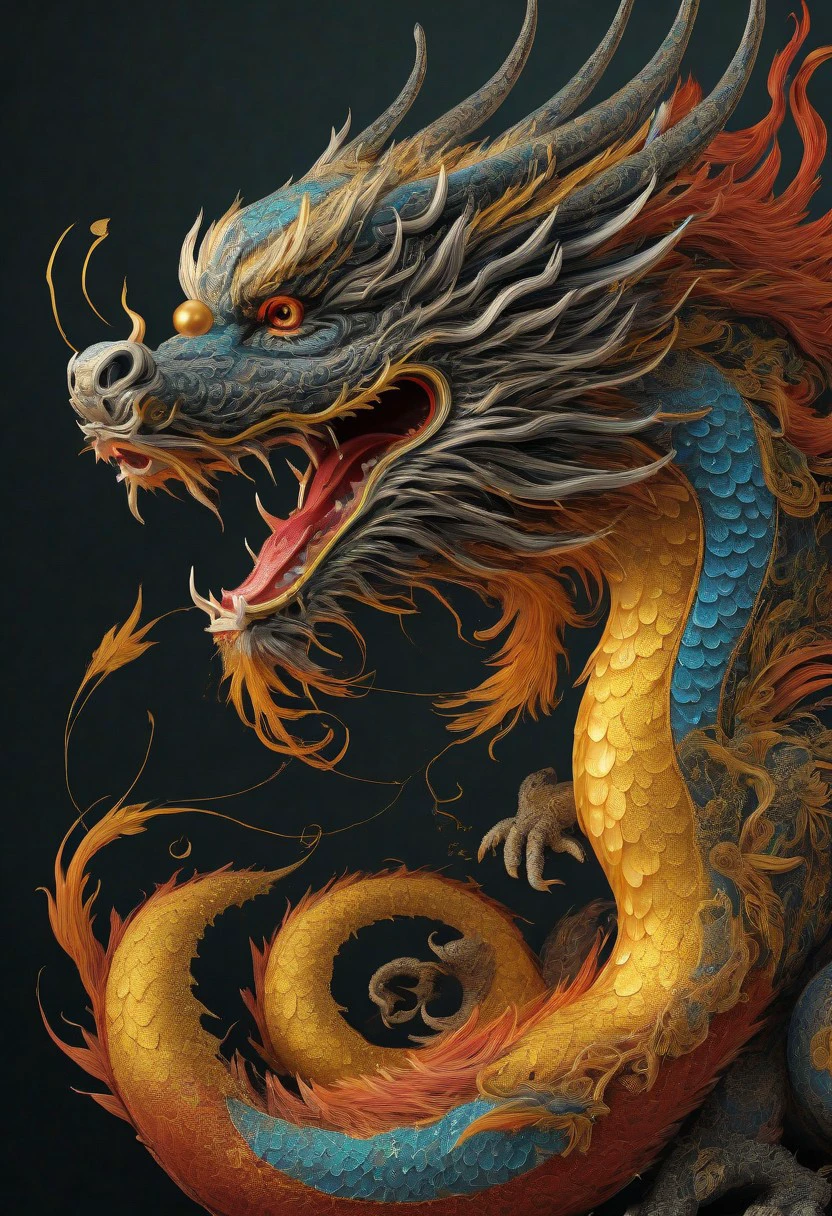 "A traditional Chinese dragon with a long body and bright colors curls around a large pearl. Its golden whiskers flutter and clouds gather around it. Detailed patterns cover its scales."