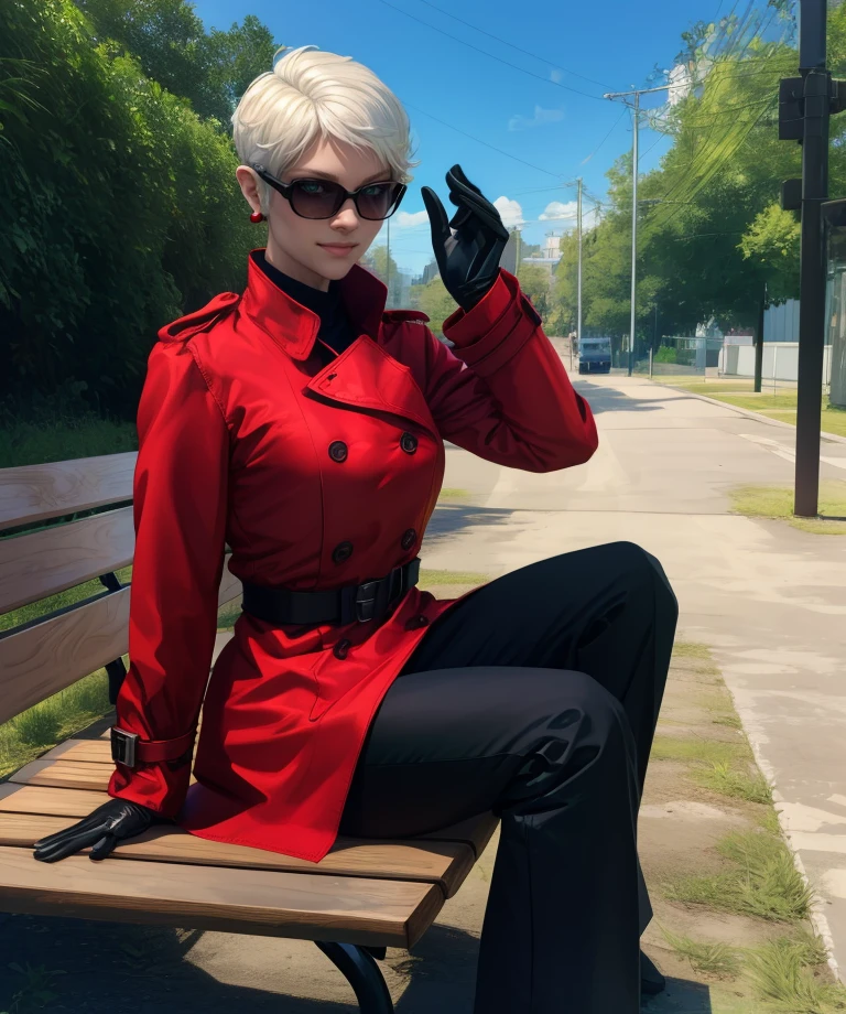 strngelve,sunglasses,short hair,white hair,smile,
single earring,looking at viewer,red trench coat,long sleeves,gloves,black pants,
sitting, bench, 
(insanely detailed, masterpiece, best quality) solo,<lora:StrangeloveMG:0.8>,