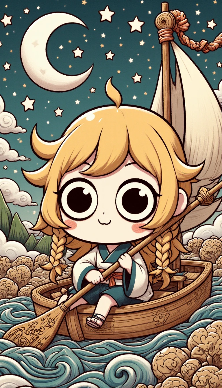 <lora:ZanyEyesStyleFlux:1.0> ZaneyesStyle chibi A woman with long blonde braids sitting in a star-filled sailboat gently grasping an intricately carved oar.