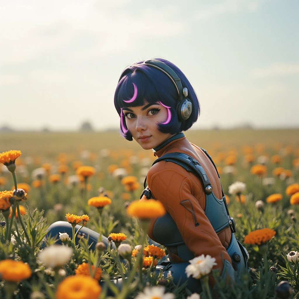 dslr photo of juno sitting in a field of flowers, film grain