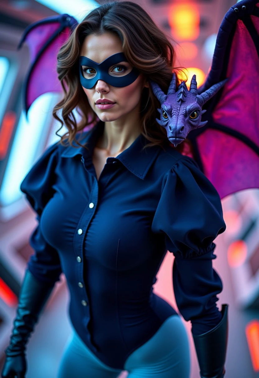 photograph of a beautiful brunette woman, a winged purple dragon on her shoulder, fighting pose, determined,
medium-length wavy hair, pale skin, brown eyes, dark blue long-sleeved puffy-sleeved shirt with wide collar, dark blue leotard, light blue pantyhose, high dark blue heeled boots, dark blue gloves, dark blue superhero eye mask, 
spaceship background, neon bokeh