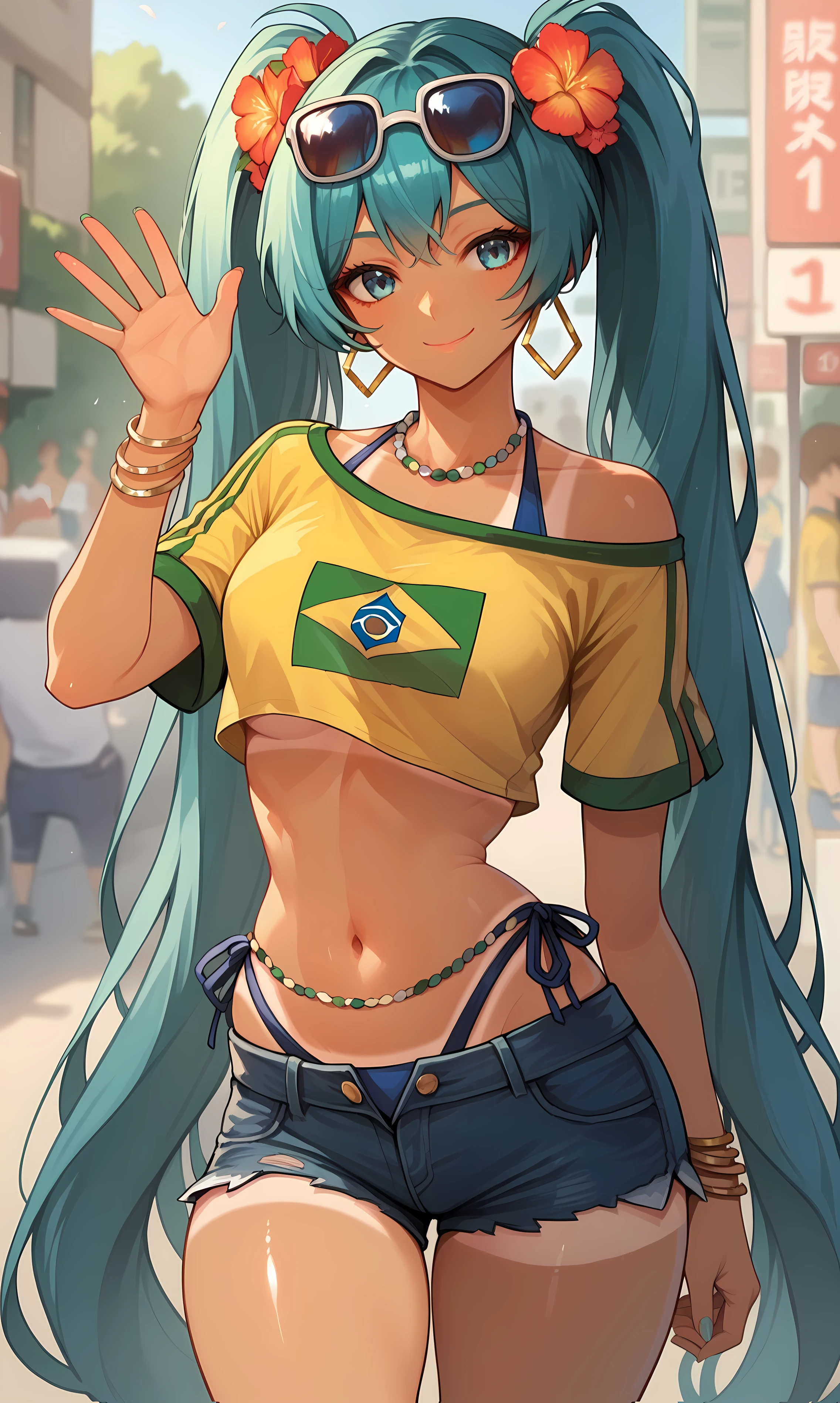 score_9, score_8_up, score_7_up, BREAK source_anime, 1girl, solo, outdoors, street, cherry blossoms, cowboy shot, standing, looking at viewer, miku_br, blue eyes, aqua hair, absurdly long hair, twintails, dark skin, hair flower ornament, hoop earrings, sunglasses, eyewear on head, yellow shirt, single bare shoulder, short sleeves, midriff, belly chain, brazil flag print, blue bikini, halterneck, highleg bikini, side-tie bikini bottom, bikini under clothes, denim shorts, open shorts, tanlines, bracelet, necklace, sandals, close-up, shiny skin, waving, smile, closed mouth