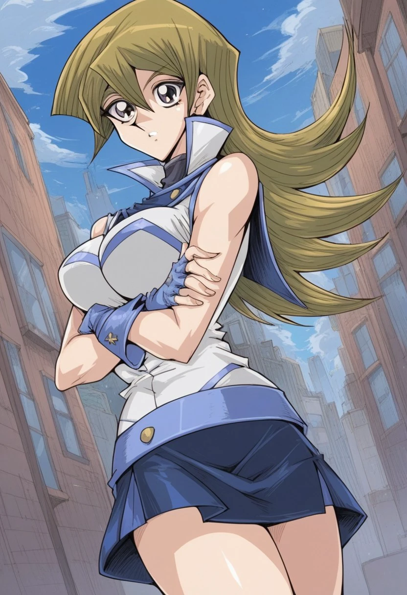 score_9,score_8_up, score_7_up, source_anime, 1girl, <lora:alexisrhodes.pony:1>,alexisrhodes,dark blonde hair,long hair,blue skirt,blue white jacket,sleeveless,belt,boots,gloves,bare shoulder, shiny skins,bare shoulder, big breasts, standing, looking at viewer, cross arms, city, city street, solo, cowboy shot, dutch angle