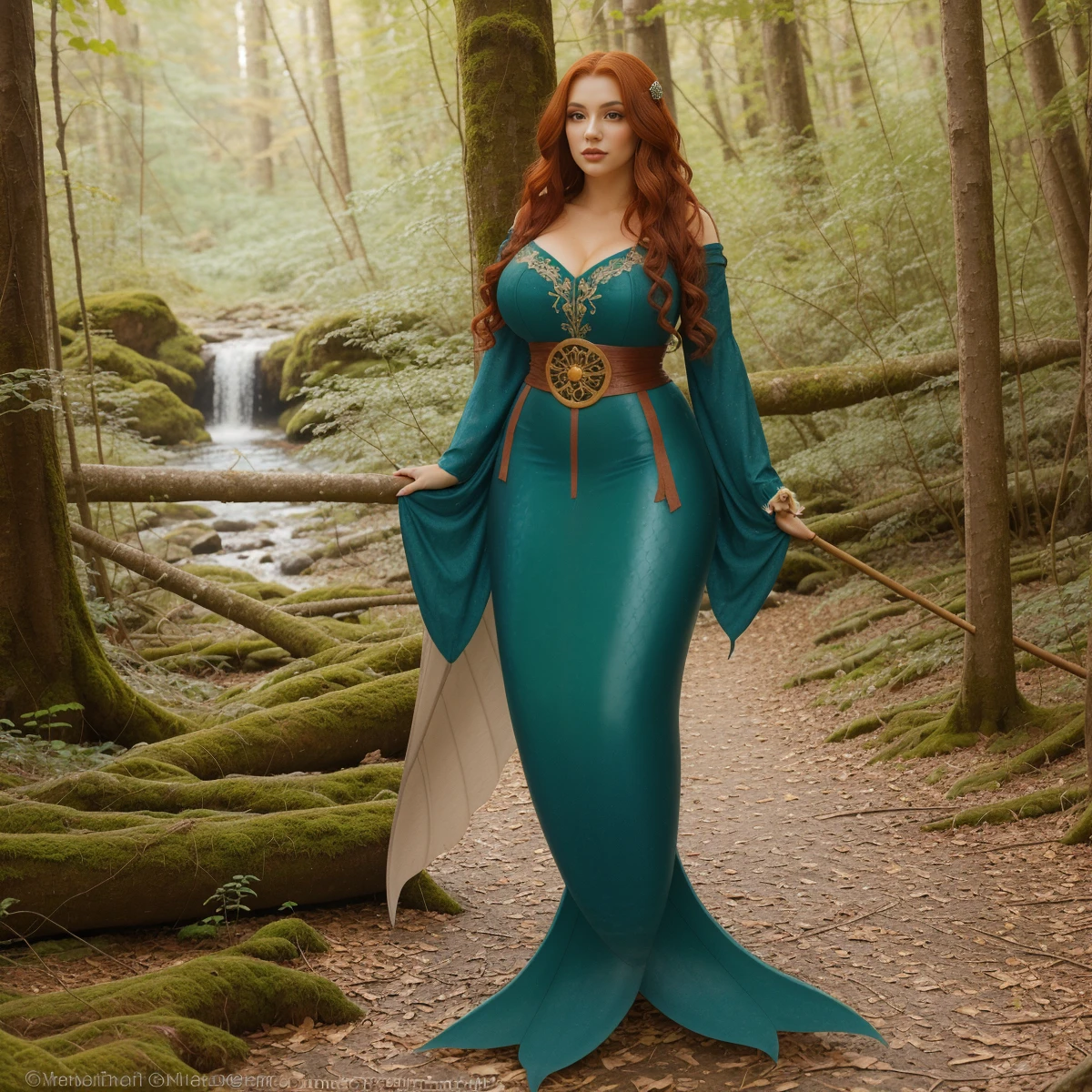 1girl,spontaneous,a photorealistic (A female with long, fiery red hair, cascading in loose waves, is dressed in a flowing emerald green gown as she walks through a dense forest in the Pacific Northwest, USA. She carries a wooden staff adorned with carved runes, her steps deliberate as she navigates the moss-covered ground. Her expression is one of determination and reverence, as if sheâs on a sacred quest. The forest is alive with the sounds of rustling leaves, the distant call of an owl, and the scent of damp earth and pine. The atmosphere is mystical and ancient, with the trees towering above her like guardians of a forgotten world. :1.2),<lora:breastsizeslideroffset:0.15> huge breasts,a photorealistic,detailed female face,detailed female body,goddess,<lora:epiCRealismHelper:0.45><lora:ClothingAdjuster3:-0.6><lora:colorify:0.6><lora:ostris_detailSlider_v40:0.4>  1girl, skinsealed, (merged legs, fused legs), , skinsealed woman with fused legs, merged legs, mermaid legs, legs fused, mermaid ,skin tone ,skinsealed!, sealed, ((skin tone mermaid)), scaleless mermaid, human fish leg,skin tone mermaid tail,with,tail, <lora:SkinsealedV24:1>