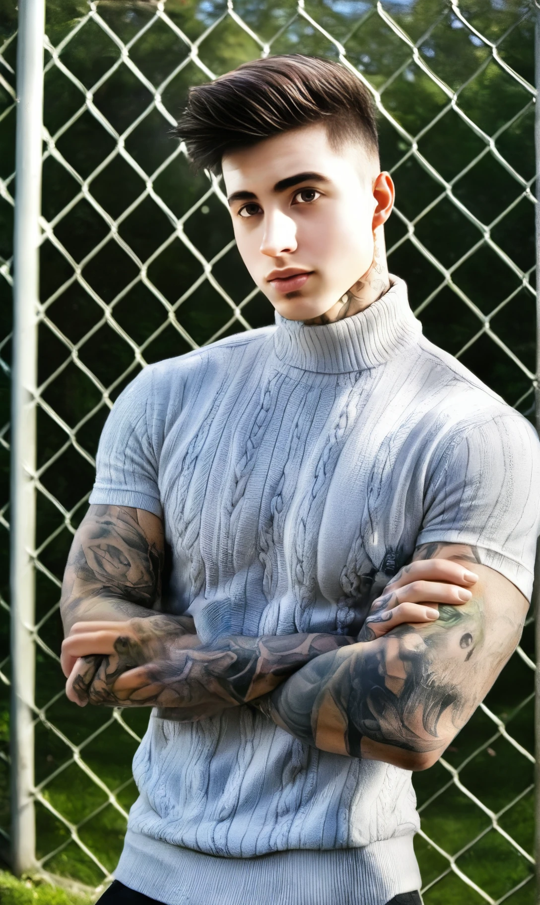 UHD, 8K, ultra detailed, highly realistic photo of , (high resolution 8K photo quality:1.3),  1boy,  solo,  male focus,  jakipz wearing roll-neck sweater leaning against a fence with arms crossed, pectorals, abs, tattoos,  <lora:jakipz-v1:1>