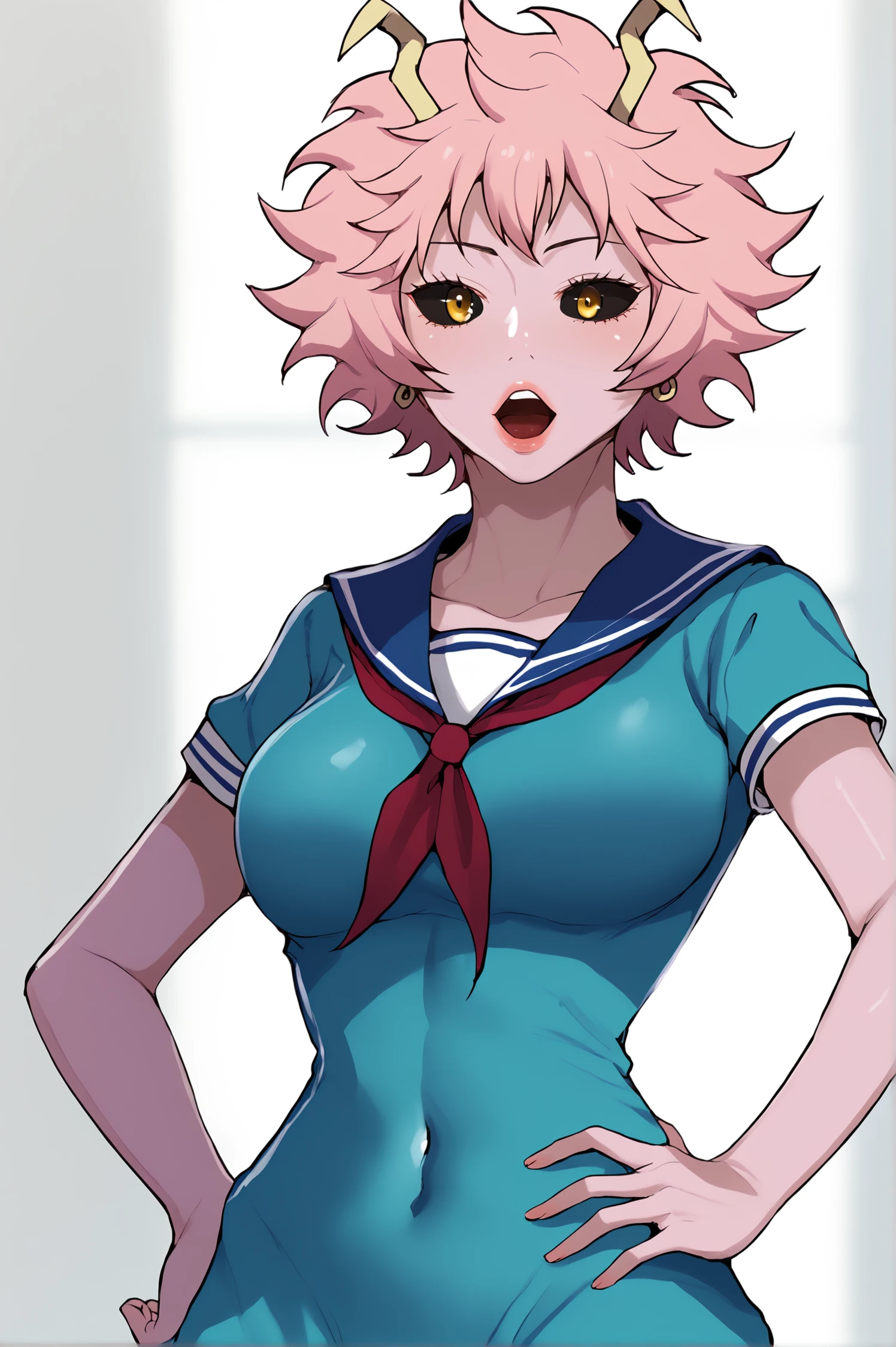 <lora:XL_STYLE_SC:1> scdef, ashido mina, pink hair, yellow eyes, curly hair, horns, 
simple background, white background, 1girl, breasts, covered navel, open mouth, short sleeves, sailor collar, solo, blue sailor dress, collarbone, stud earrings, earrings, hand on hip, jewelry, neckerchief, score_9,score_8_up,score_7_up, detailed face, source_anime