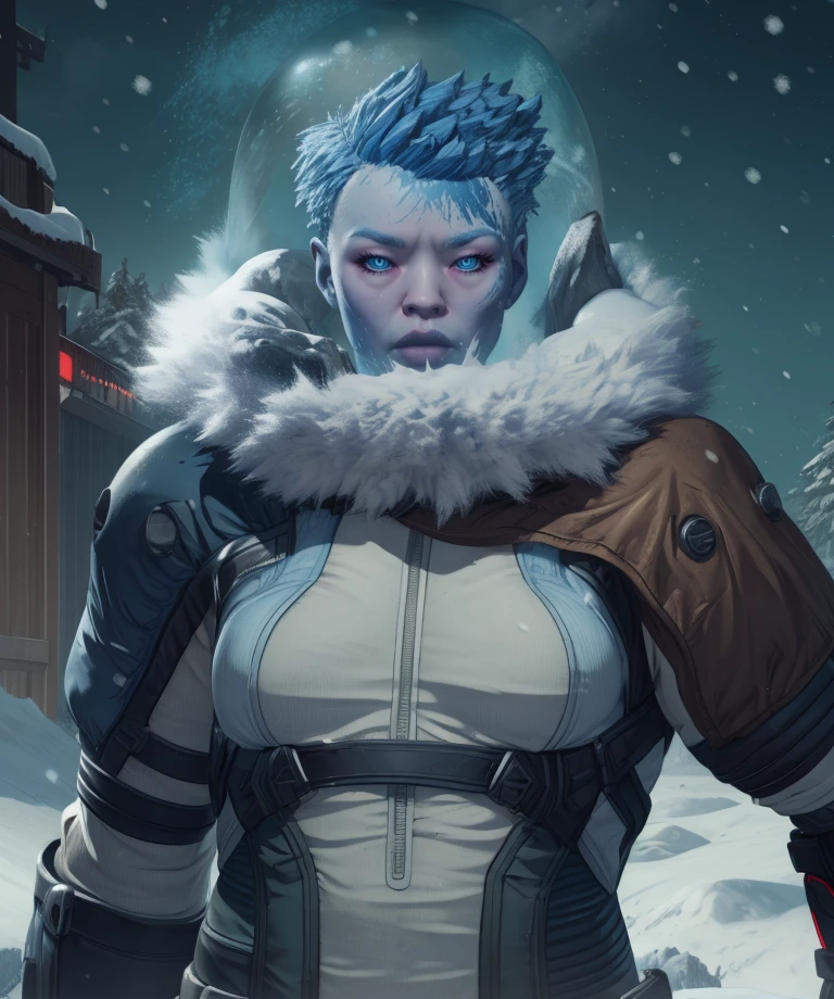 mrsfrzessq,blue eyes,blue ice hair,short hair,
bodysuit,looking at viewer,upper body,gloves,
snow,night,muscular,
(insanely detailed, masterpiece, best quality) solo,<lora:msfreezeSSQ:0.9>,