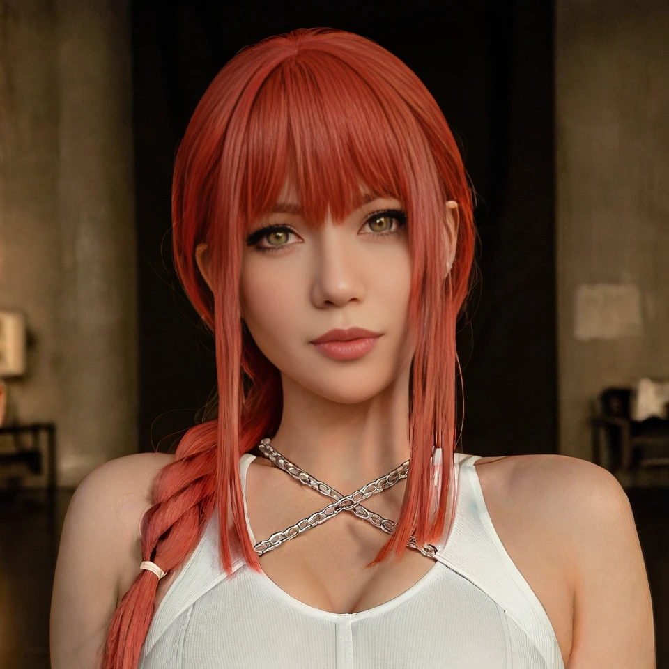 MakimaLora, 1girl, solo, breasts, looking at viewer, bangs, jewelry, yellow eyes, sidelocks, red hair, earrings, bra, chain, realistic, ringed eyes, makima \(chainsaw man\) <lora:MakimaLoraV3_animagine:0.9>