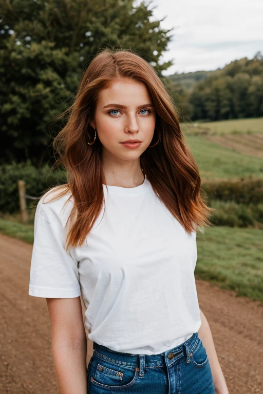 a breathtaking analog close-up headshot photo of a beautiful woman<lora:EmilyDeytAysageV2:1>, 1girl, solo, realistic, long hair, brown hair, tidy hair, styled, slender body, blue eyes, black eyeliner, looking at viewer ((masterpiece)) at a beautiful british countryside farm:1, professional photography,  <lora:add-detail-xl:0.5>  <lora:Stable-Yogis-Canon-EOS-R5-1.3x:1> official Balmain editorial, in style of Tyler Shields:1.3, 35mm photograph, film, bokeh, professional, 4k, highly detailed wearing a t-shirt:1.2, and jeans,  <lora:last_tushy_pose:0.8> tushy_pose