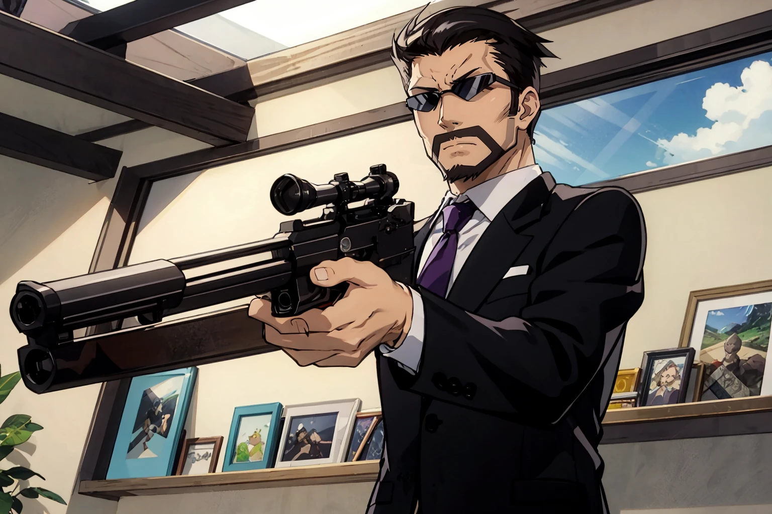 <lora:kasai_lora_dim32_anime:0.85> kasai tatsuyoshi, best quality, 1man, (frown:1.1), holding shotgun, aiming at viewer, full body, dungeon, BREAK mature male, black suit, formal, purple necktie, beard, sunglasses, highly detailed, masterpiece