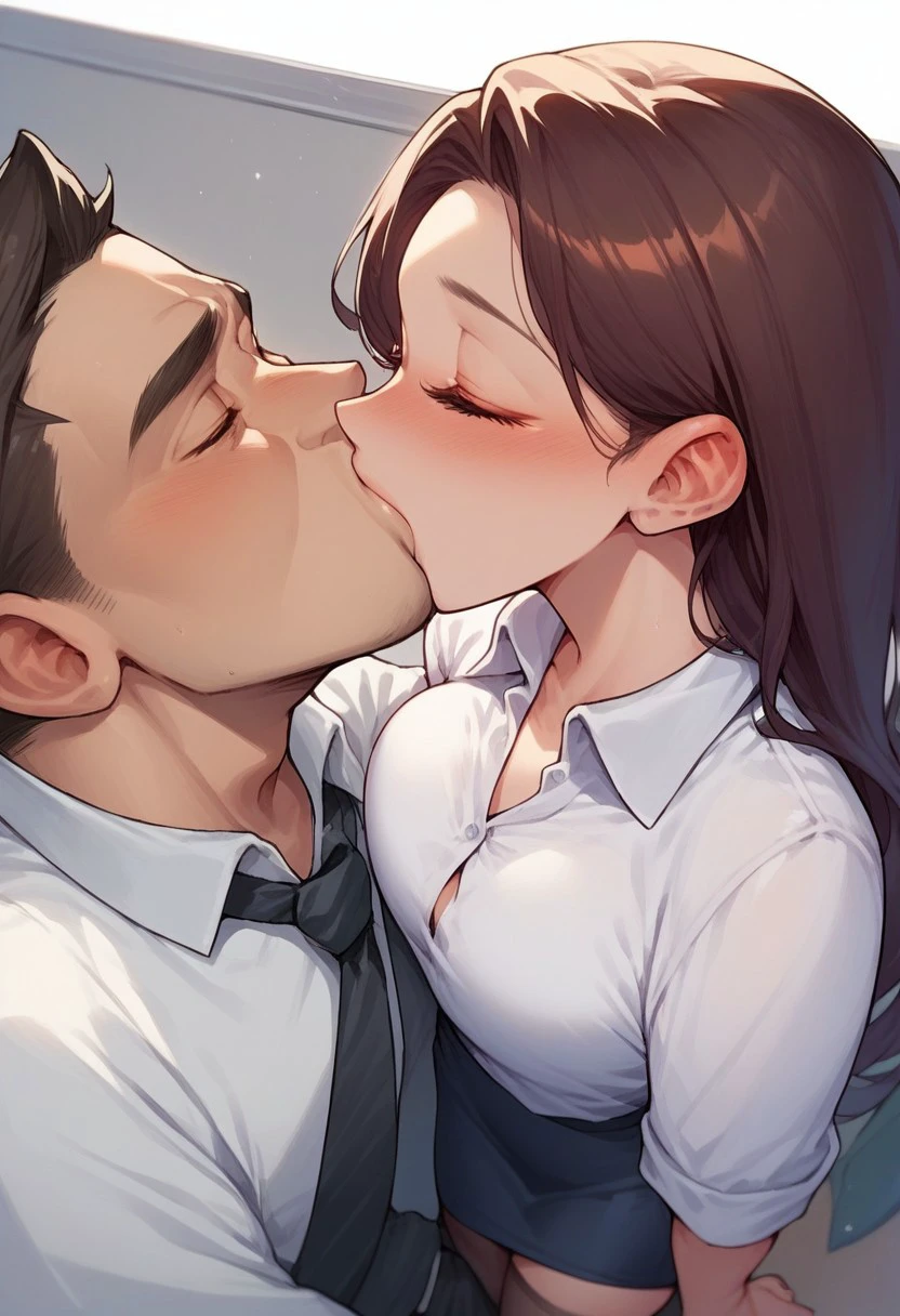 score_9,score_8_up, score_7_up, source_anime, 1girl, 1boy, intense kiss, deep kiss, kiss, collared shirt, stockings, pencil skirt, office lady, office boss, close up, dutch angle, from above, above view