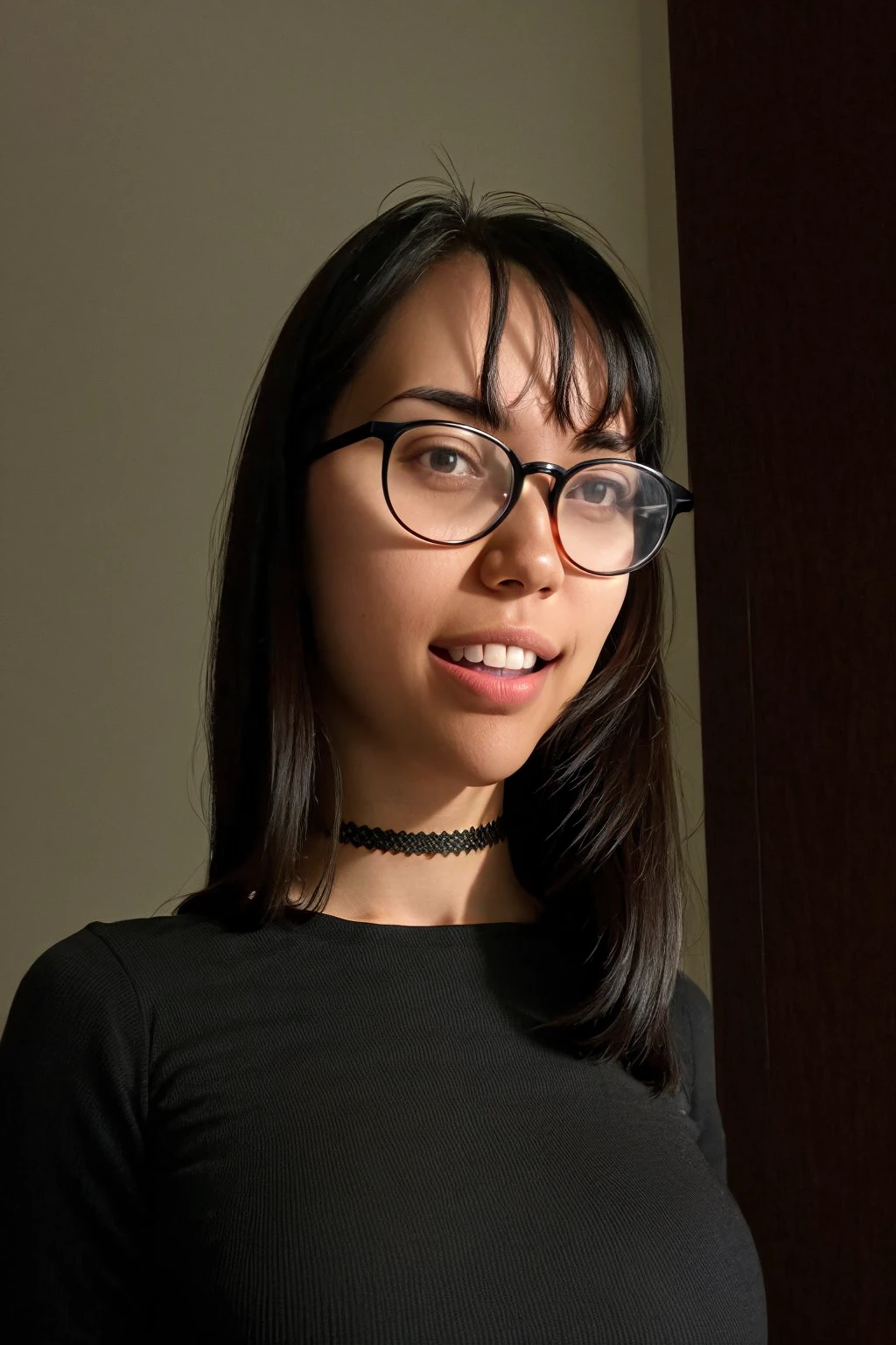 Young slim white girl with glasses and dog collar with shoulder length black hair, naked, only with big breasts, with their hands tied behind their backs and their breasts bound. annoyed, wearing black leggings, kneeling on the floor with her legs open, with bruises and tape on her mouth
