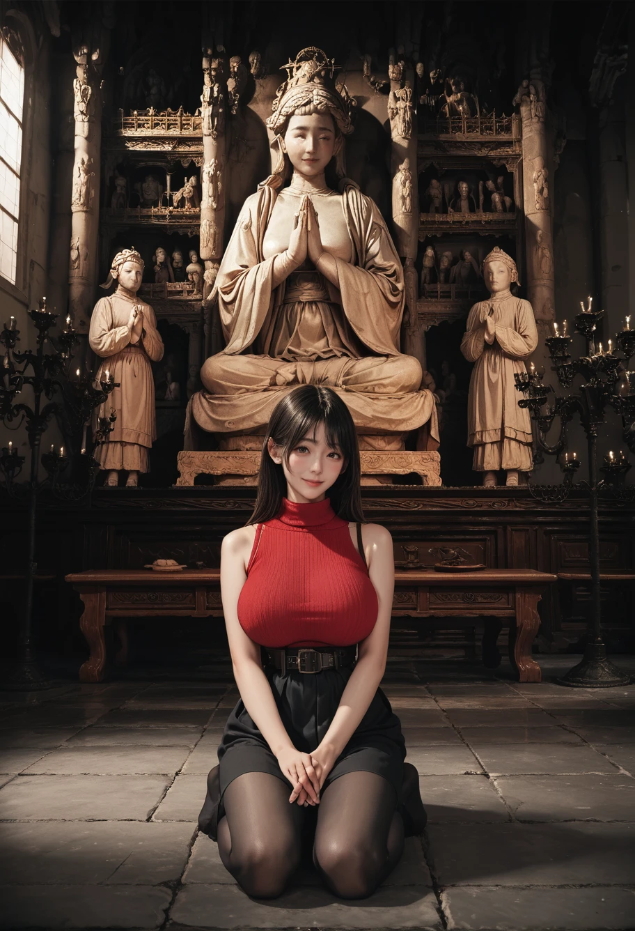 ,ruanyi0923,indoors,statue,no humans,kneeling,praying,
,belt,black pantyhose,high-waist skirt,sleeveless sweater,red sweater,ruanyi0892,<lora:0923 temple_v1_pony:0.8>,<lora:0892 Home wear_v1_pony:0.7>, score_9, score_8_up, score_7_up, score_6_up, score_9, score_8_up, score_7_up, score_6_up source_anime, blush, 1girl, seduce smile, perfect body , natural huge breasts