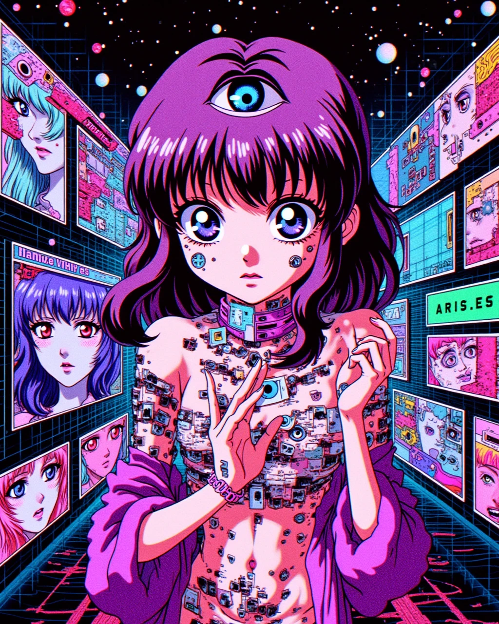 aiai-4p4rt synthetic anime, 90s anime style, weirdcore glitch horror concepts, vhs screengrab, splits and segments