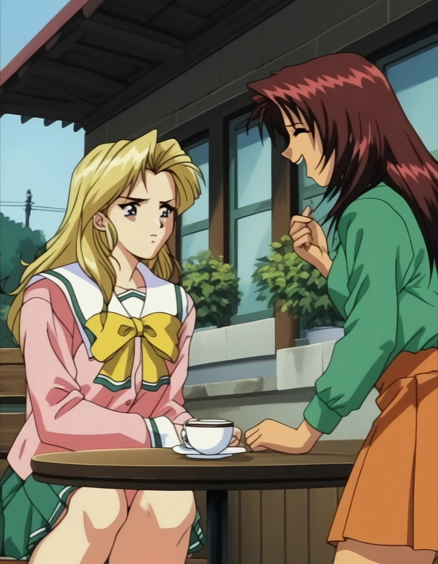 score_9,  score_8_up, score_7_up, <lora:shuusaku-ova-ponyxl-000006:1> 2girls, talking, table, cafe, outdoors, cowboy shot
2girls, talking, table, cafe, outdoors, kaori, blonde hair, serafuku, pink shirt, yellow bow, pleated skirt, annoyed, cowboy shot
2girls, talking, table, cafe, outdoors, moeko, green shirt, dress shirt, orange skirt, microskirt, closed eyes, laughing, cowboy shot