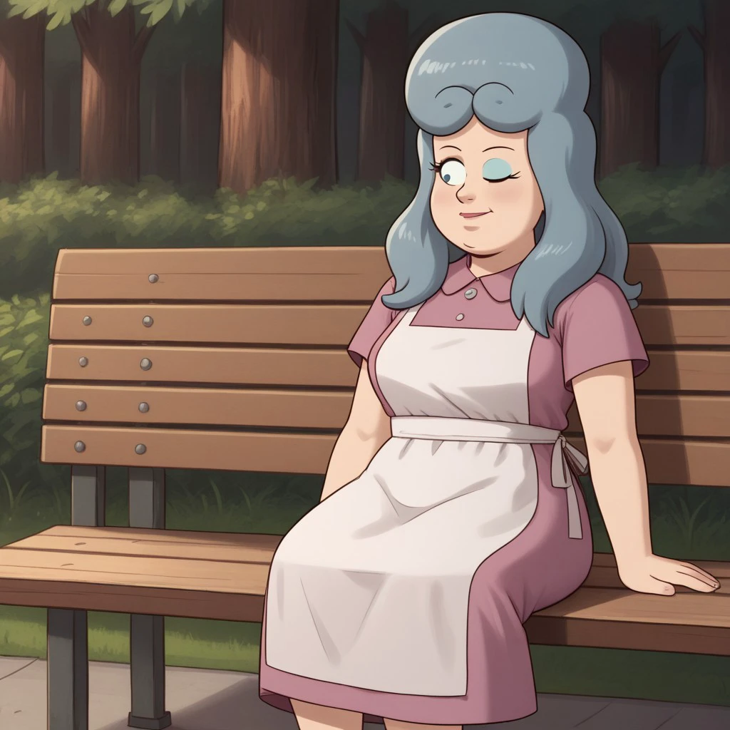 score_8, score_9, break, ls_gf, gray hair, one eye closed, dress, apron, sitting, bench, outdoors, natural lighting