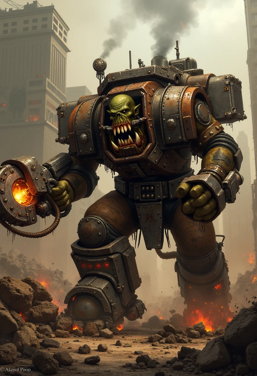 An Ork stomps through the ruins of a city in a Killa Kan, a smaller but equally deadly bi-pedal war machine. The Killa Kan, covered in rusted metal plates and rivets, is armed with a menacing buzz saw and a rokkit launcha, its weapons sparking and smoking as it advances. The Ork pilot, encased in the machine’s armored shell, peers out through a grated viewport, his eyes gleaming with a thirst for battle. The machine’s movements are jerky and erratic, but it plows forward with relentless determination, crashing through rubble and debris as it hunts for its next target. The city around it burns, with the Killa Kan’s metal frame reflecting the flames as it revels in the chaos of war.