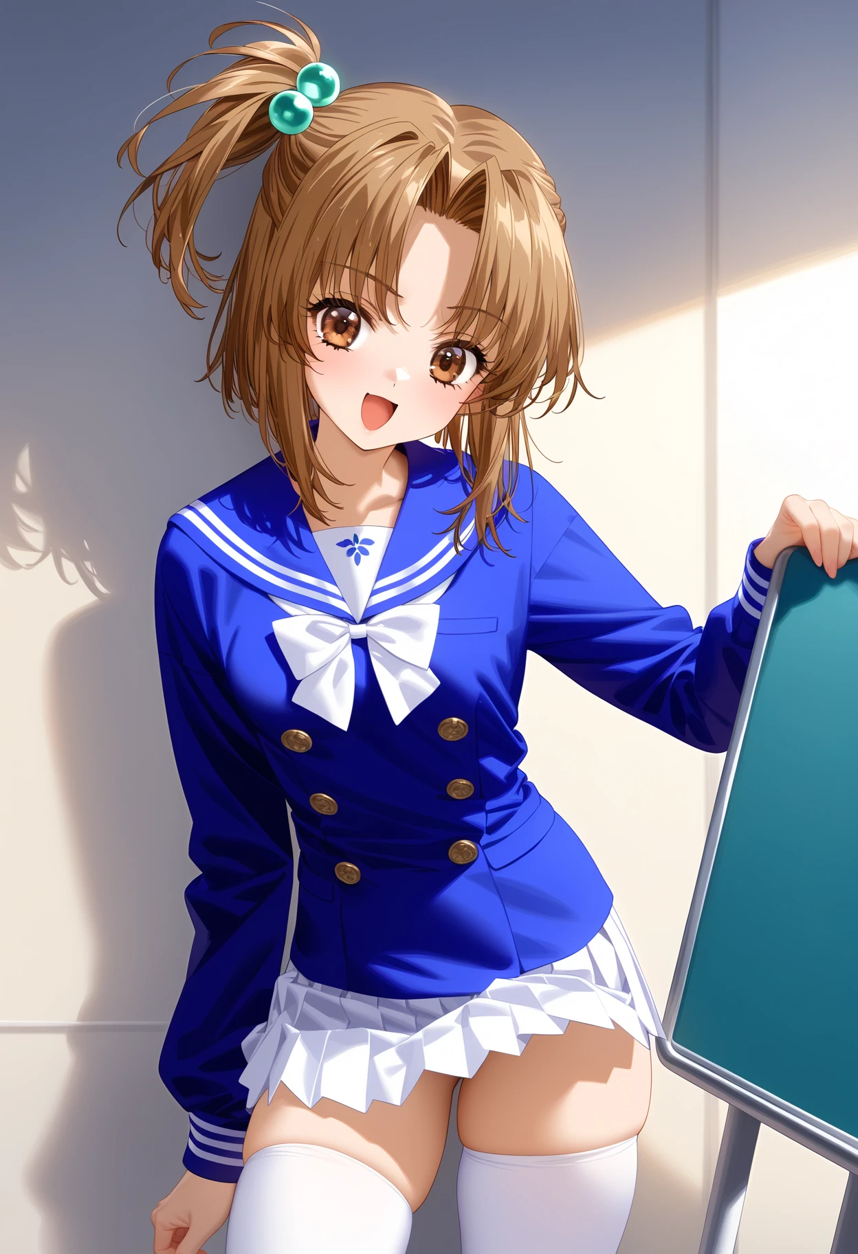 masterpiece,best quality,very aesthetic,absurdres,intricate details,1girl,
<lora:SHINBASHI_RINA_V1:1>,rina_shinbashi,brown eyes,brown hair,short hair,hair ornament,Side ponytail,small_breasts,school uniform,blue sailor suit,long sleeves,white pleated skirt,white_thighhighs,
<lora:Fixhands_anime_bdsqlsz_V1:1>,standing,stylish_pose,classroom,:d,cowboy_shot,looking_at_viewer,, masterpiece,best quality, very aesthetic, absurdres, ultra detailed, high resolution, 4k, extremely detailed CG,