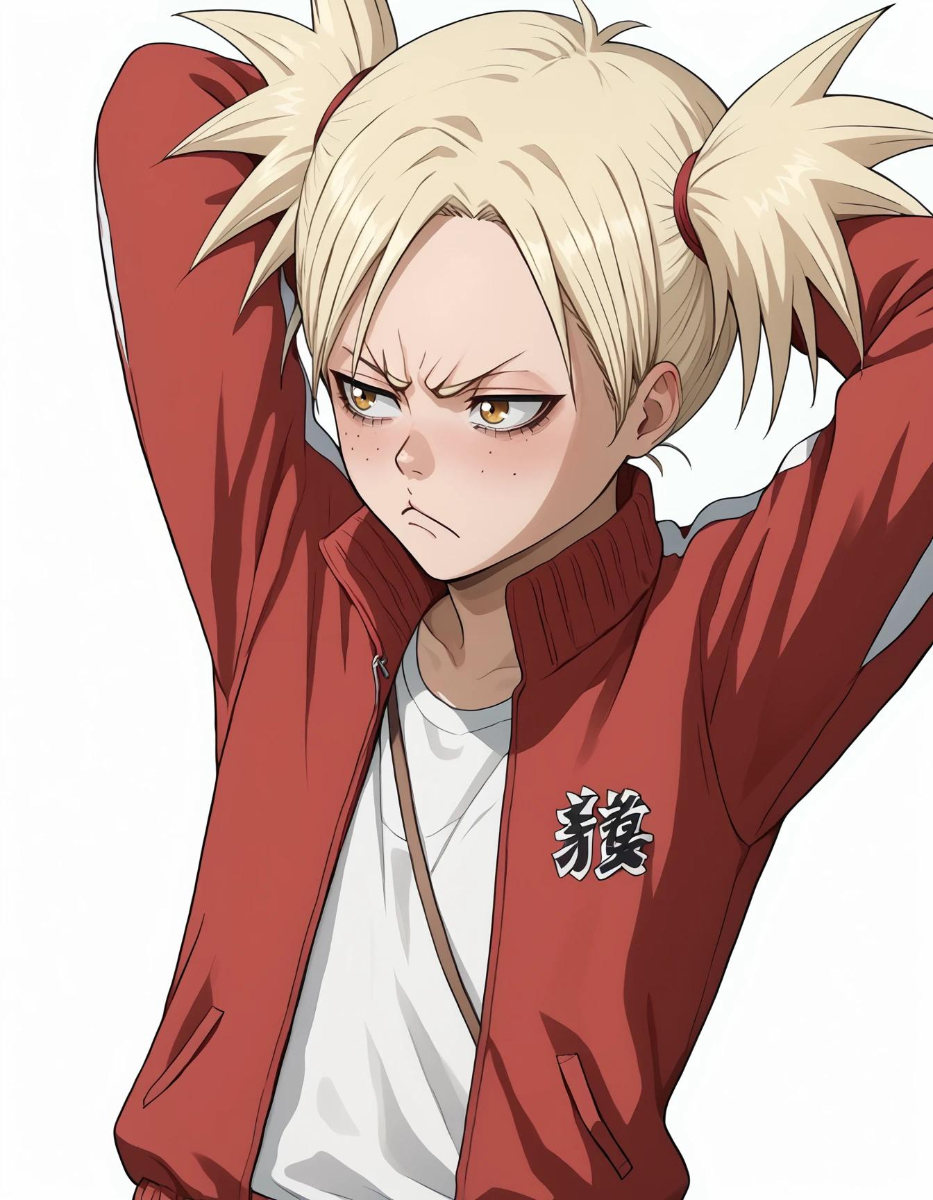 <lora:Hiyori:1>, hiyori sarugaki, 1girl, simple white background, red tracksuit, red jacket, red pants, standing, hands behind head, looking away, pout, blush, slouched