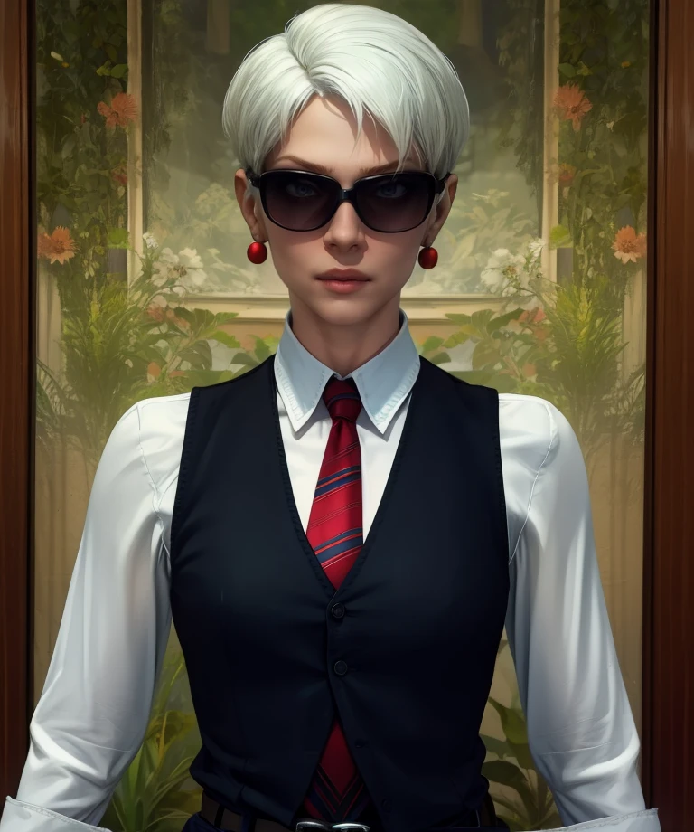 strngelve,sunglasses,short hair,white hair,
black vest, tie,long sleeves,belt,single earring,
looking at viewer,
standing,upper body,
(insanely detailed, masterpiece, best quality) solo,<lora:StrangeloveMG:0.9>,