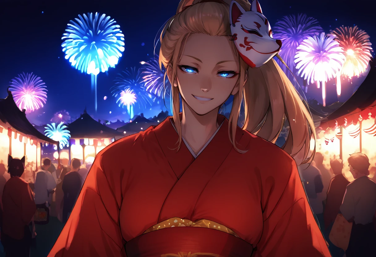 score_8_up, source_anime, woman, long hair, blonde hair, ponytail, grin, half-closed eyes, head tilt,  looking at viewer, teeth, red kimono, blue eyes, solo, night, festival, fireworks, backlighting, lantern, food stand, outdoors,  front front, mask on head, upper body, mask on head, fox mask
<lora:FoxMask:1>