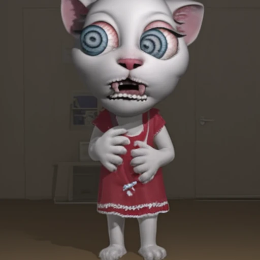con grandes ojos azules y pestañas negras prominentes. Su expresión facial es ligeramente desconcertante, de pelaje blanco, personaje con apariencia felina, con las manos extendidas hacia adelante en una posición que sugiere sorpresa o incomodidad., con una boca entreabierta mostrando una dentadura irregular. Lleva un vestido rosa con un lazo blanco en la parte frontal. El personaje está en una postura erguida