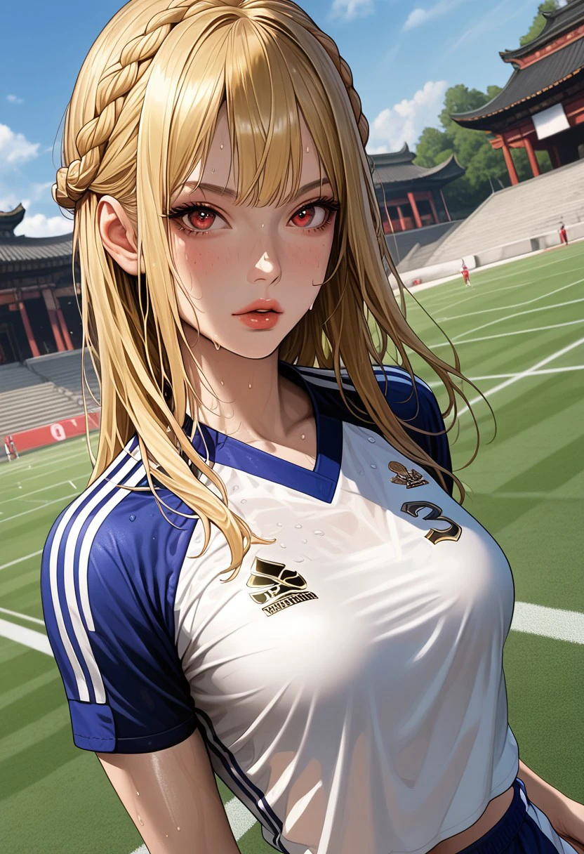 long length hair, golden hair, crown braid, half up and down hairstyle, bright red eyes, oval face, sun-kissed skin with a sprinkling of freckles, slim body, medium high, expressive eyebrows, full lips, small breast, detailed background, chinese temple,
outdoor,  football field, running after football, sweating, tricot, sportswear, football, sweating, cowboy shot, dutch angle, looking at viewer,