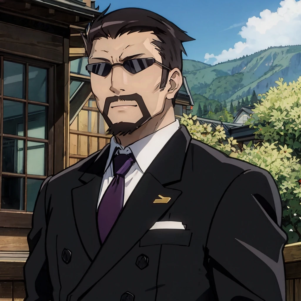 <lora:kasai_lora_dim32_anime:1> kasai tatsuyoshi, best quality, 1man, (blush:1.3), smile, standing, outdoors, BREAK mature male, suit, formal, purple necktie, beard, sunglasses, highly detailed, masterpiece