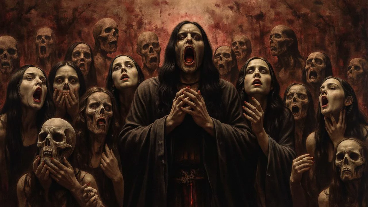 group of people hanging on to a cross, crucifixion, uncontrollable laughter, open mouths, arafed painting, detailed eyes, detailed lips, extremely detailed faces, tension, twisted figures, religious symbolism, pain, suffering, dark atmosphere, dramatic lighting, intense emotions, profound expressions, textured brushstrokes, oil painting, high contrast, chiaroscuro, monochromatic color scheme, intense shadows, haunting, emotional turmoil, agony, despair, sacrilegious, disturbing, eerie, unsettling, somber, thought-provoking, macabre, powerful storytelling, religious iconography, social commentary, controversial, artistic masterpiece, high resolution, ultra-detailed, realistic, vivid colors, vivid emotions