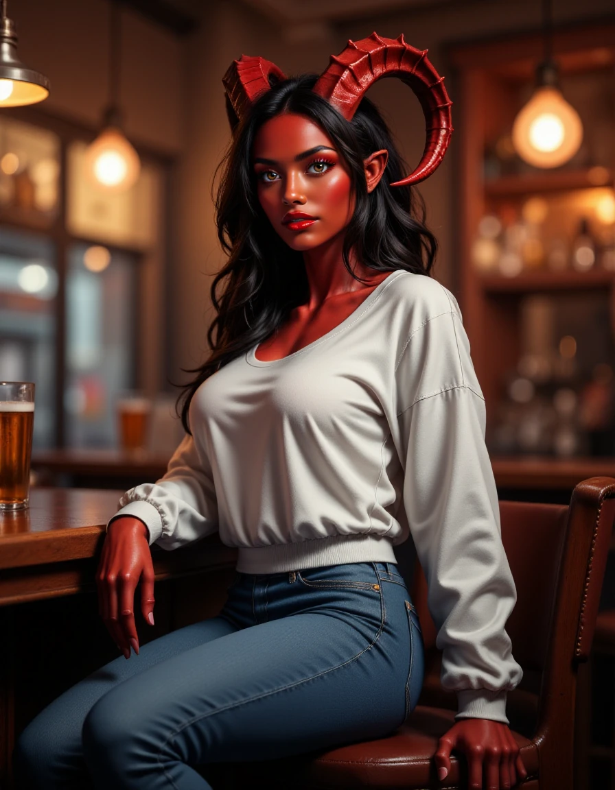 Jed-Tflng, brown eyes,  red lips, tall muscular female Tiefling, large red curved horns, deep red skin , wearing a white oversized sweatshirt and a tight blue jeans,sitting inside a bar, <lora:Tiefling_epoch_6:1>,