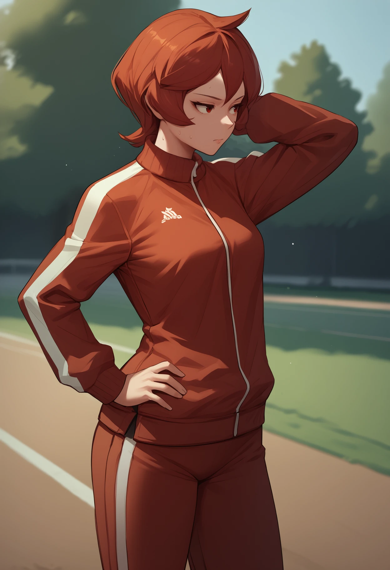 score_9, score_8_up, score_7_up, source_anime, <break> cowboy shot, solo, 1girl, ar3zu, sweat, expressionless, looking away, standing, arm behind head, hand on own hip, cowlick, track suit, red jacket, track jacket, long sleeves, red pants, outdoors, park
<segment:yolo-face_yolov8m.pt,0.4,0.5//cid=1>