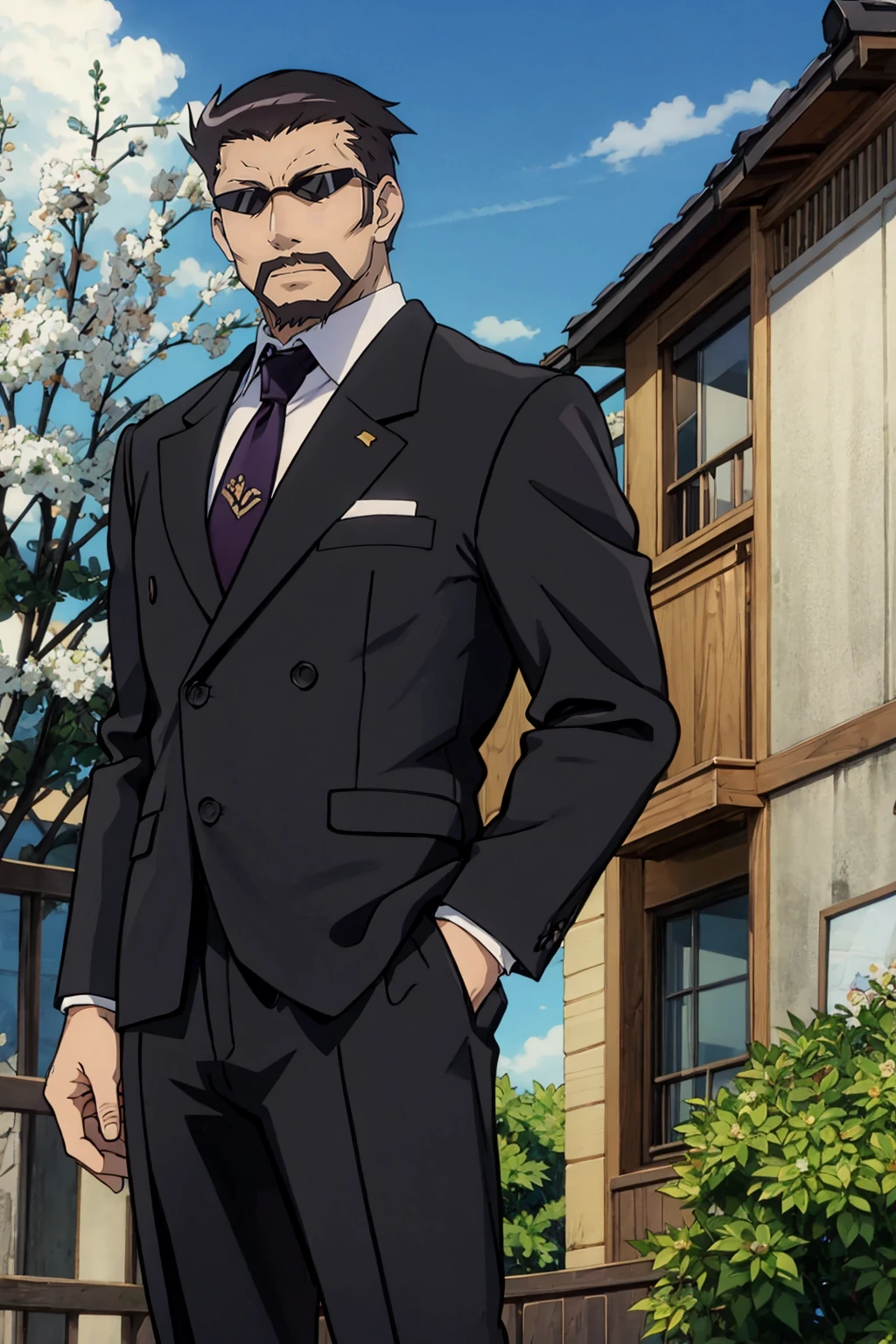 <lora:kasai_lora_dim32_anime:1> kasai tatsuyoshi, best quality, 1man, standing, outdoors, BREAK mature male, suit, formal, purple necktie, beard, sunglasses, highly detailed, masterpiece