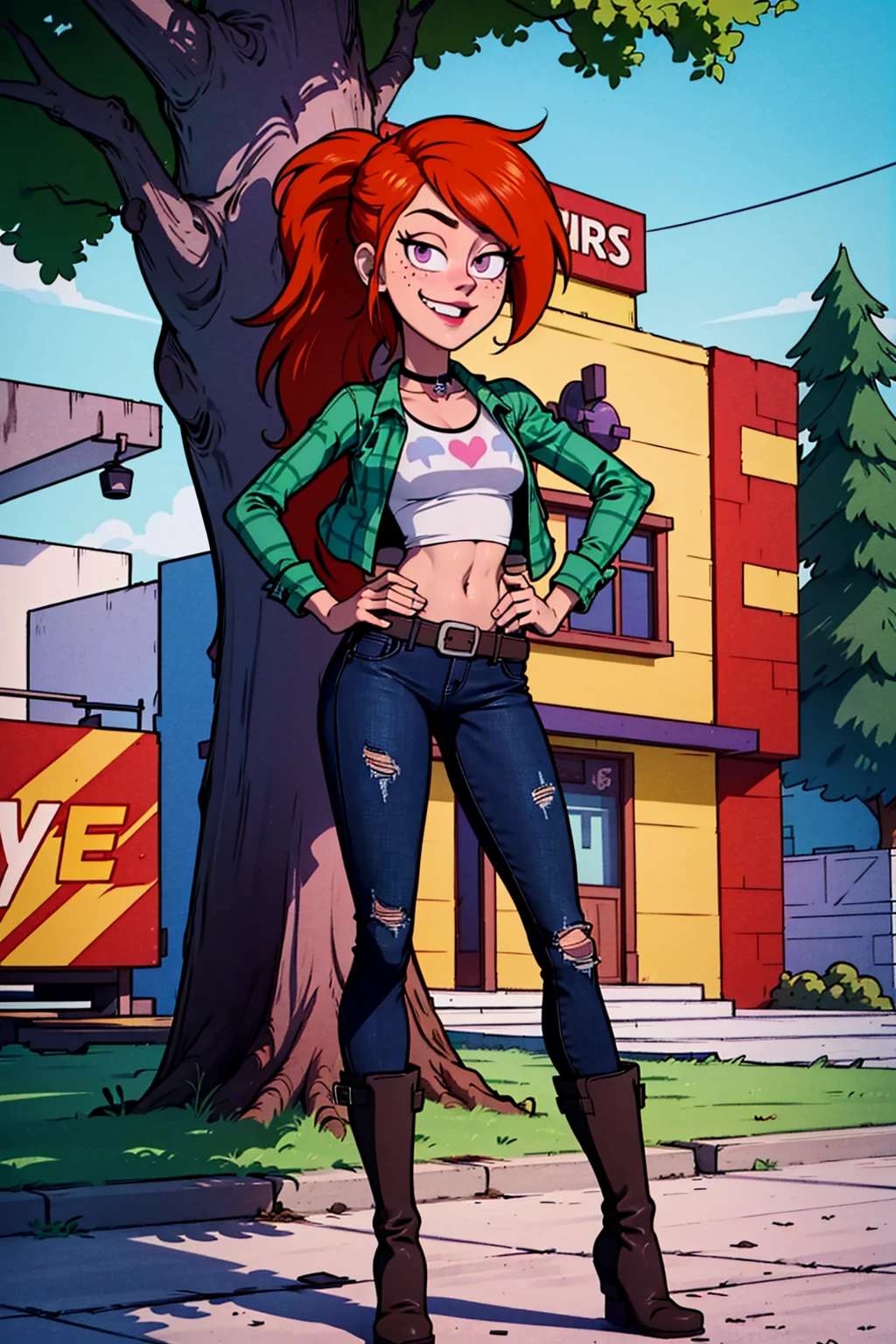 an accurate and detailed full body shot of a young adult female character named Vindy, 1girl, tall, slender, athletic build, Vibrant orange-red hair, (long and wavy hair), (spiky bangs and a high ponytail), expressive eyes, pink eyes, relaxed expression, Heart-shaped face with freckles, a mischievous grin, lipstick, black choker, (A cropped green plaid flannel shirt), (opened long-sleeve jacket:1.3), (a graphic-tee of a tree underneath:1.5), midriff, ripped skinny black jeans, (purple belt:1.2), (mismatched colorful socks:1.2), (Ankle-high boots:1.5), (dark blue boots), girl-next-door vibe, masterpiece, high quality, 4K<lora:EMS-311256-EMS:0.300000>, <lora:EMS-6967-EMS:0.600000>, <lora:EMS-281658-EMS:0.500000>