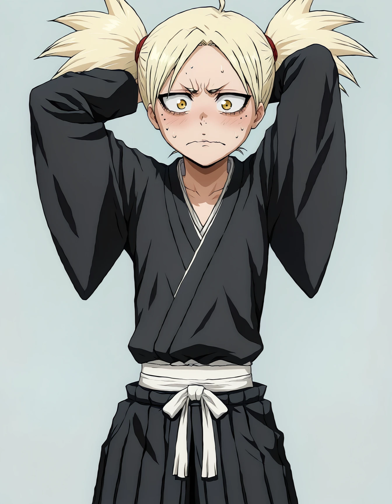 <lora:Hiyori:1>, hiyori sarugaki, 1girl, simple background, black hakama, black obi, black kosode, embarrassed, on hand behind head, completely black clothing