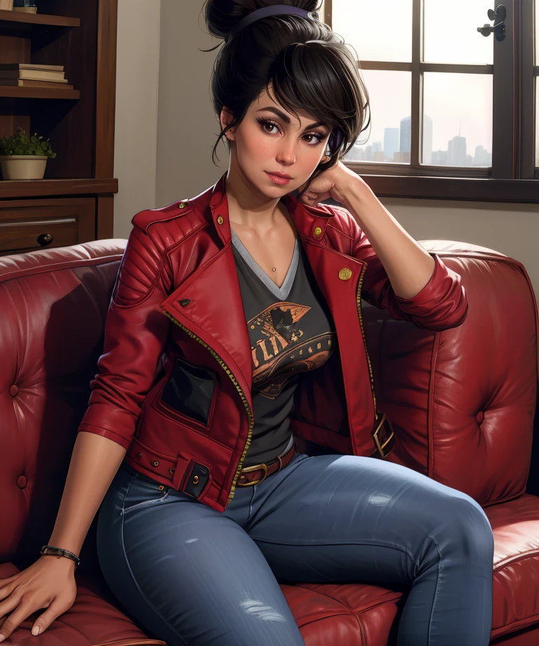 lislnessq,black hair,brown eyes,single hair bun,
red jacket,black shirt,looking at viewer,smile, jeans, 
sitting,couch,
city,indoors,
(insanely detailed, masterpiece, best quality) solo,<lora:LoisLaneSSQ:0.8>,