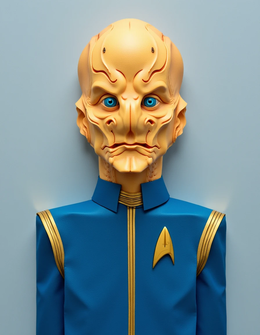 flat papercut style origami style <lora:saru-flux:1.0>  bald, star trek, discovery, extra terrestrial live form, blue 22 century discovery uniform gold,  22 century discovery badge gold . paper art, pleated paper, folded, origami art, pleats, cut and fold, centered composition . silhouette, clean cuts, paper, sharp edges, minimalist, color block