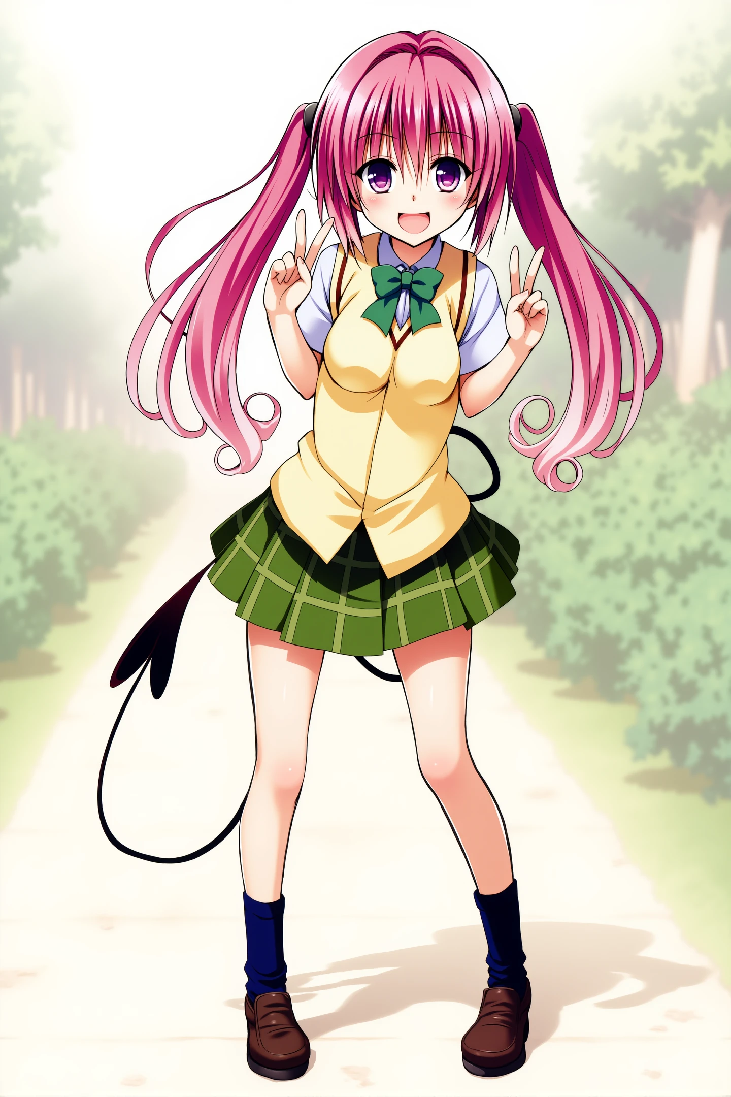 Yabuki Kentarou Style,1girl,nana asta deviluke,pink hair,demon tail,solo,twintails,school uniform,green bow,smile,green plaid skirt,open mouth,fang,socks,shoes,V gesture,pink eyes,shirt,:d,purple eyes,standing,outdoors,
<lora:Yabuki Kentarou_FLUX:1.1>,