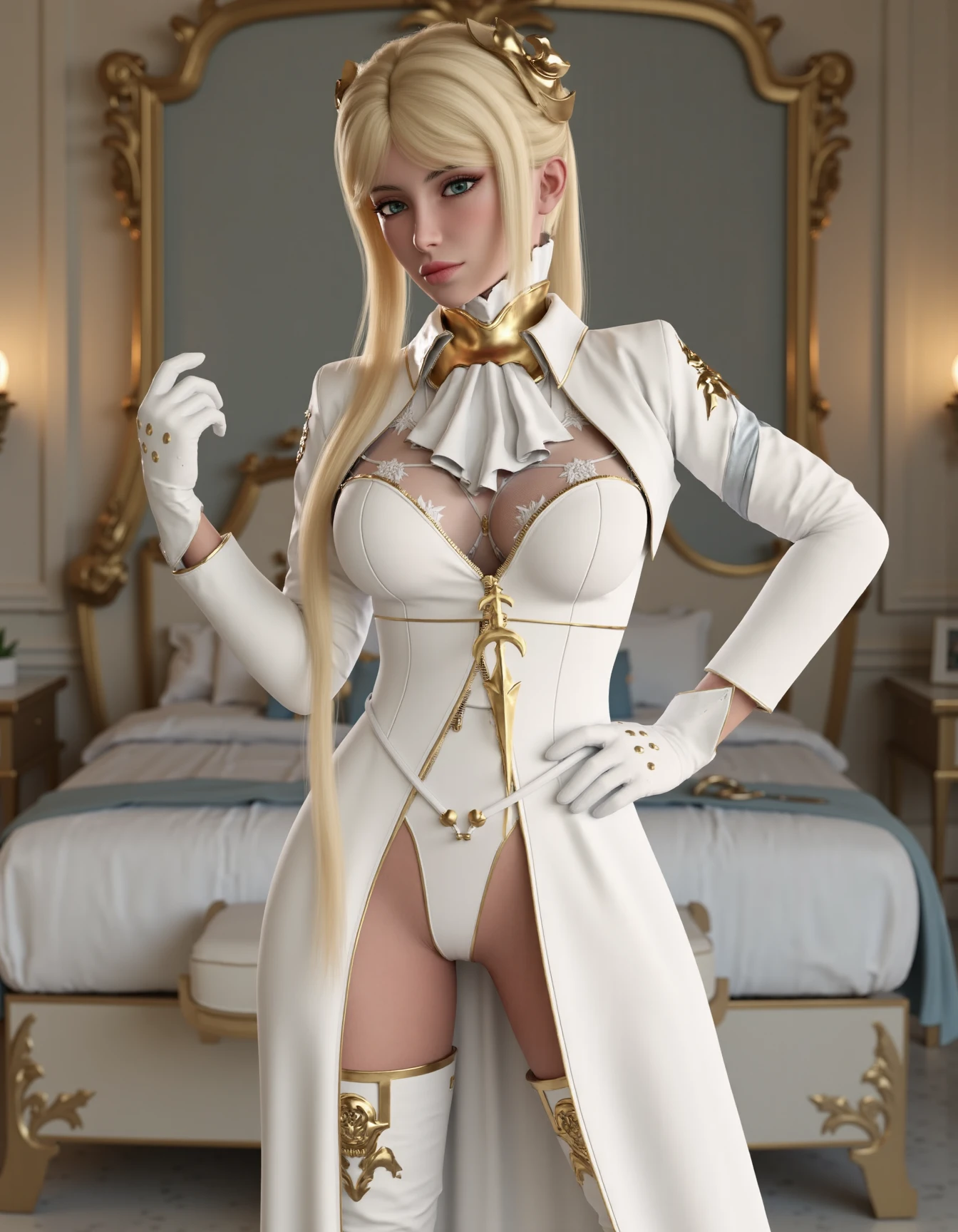 closeup   portrait of a yorha commander posing in a white dress adorned with golden accents, paired with white gloves and high-heeled boots, set against a lavish bedroom.
<lora:commanderWhiteFlux:1>