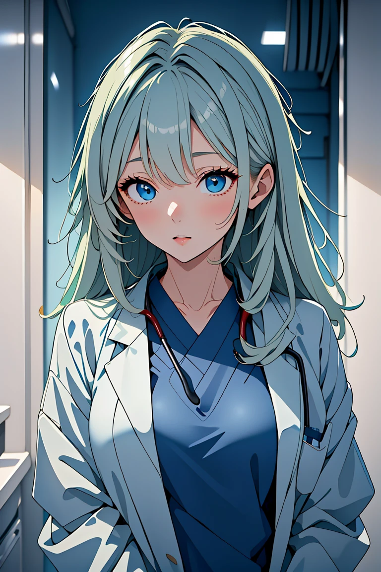 (RAW photo, best quality,facing the viewer,from front), operating room, overhead surgical light,blurred background, focused, dithering,backlighting,
 <lora:CMC924_Jade_Yamamoto_V1.0:0.9> cmc924, jade yamamoto, 1girl, solo, green hair, blue eyes,
 <lora:DW_PG_Doctor_LabcoatOverScrubs1_1:0.8> labcoat and scrubs, 1girl, solo, looking at viewer, stethoscope,