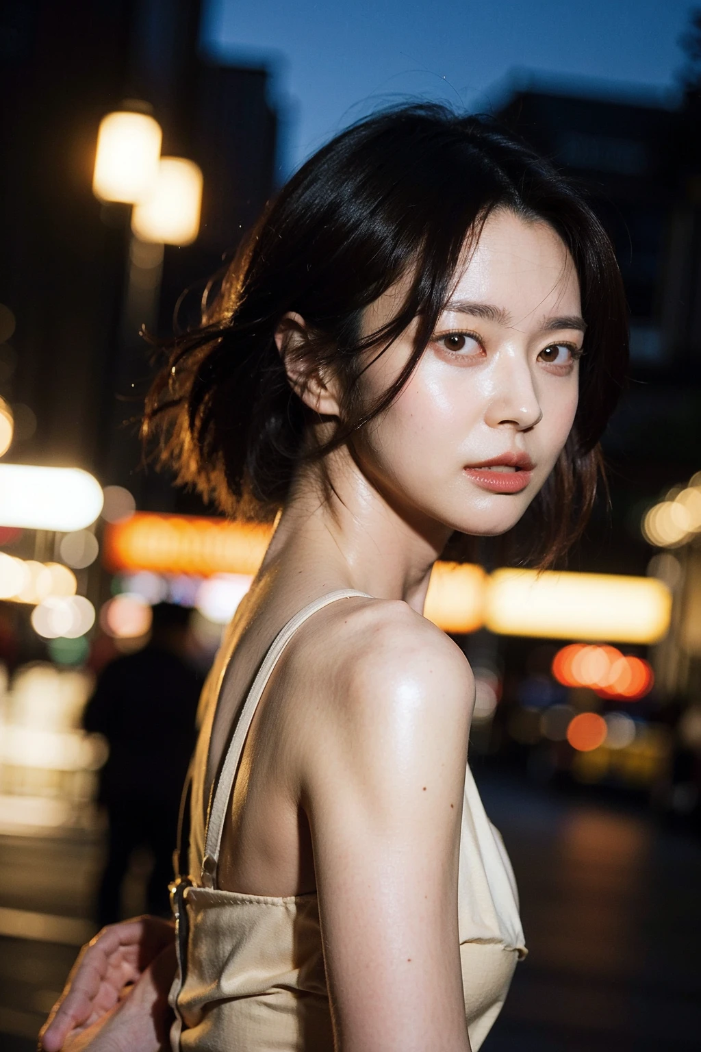 Best quality, masterpiece, ultra high res, (photorealistic), raw photo,1girl, skinny, upper body,solo, realistic, looking at viewer, bokeh background, city streets, mini dress,  <lora:makina69_kwonnara_v1.0:1>