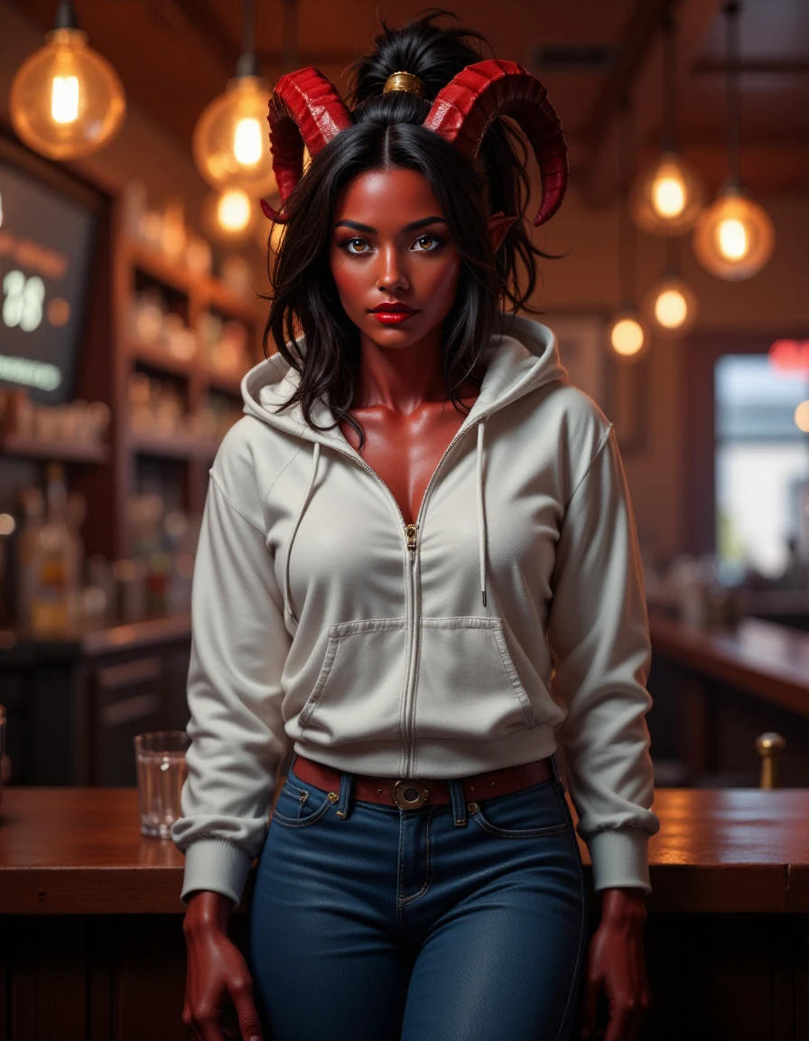 Jed-Tflng, brown eyes, tattoos,  red lips, tall muscular female Tiefling, large red curved horns, deep red skin , wearing a white oversized hoodie and a tight blue jeans, inside a bar, <lora:Tiefling_epoch_6:1>,