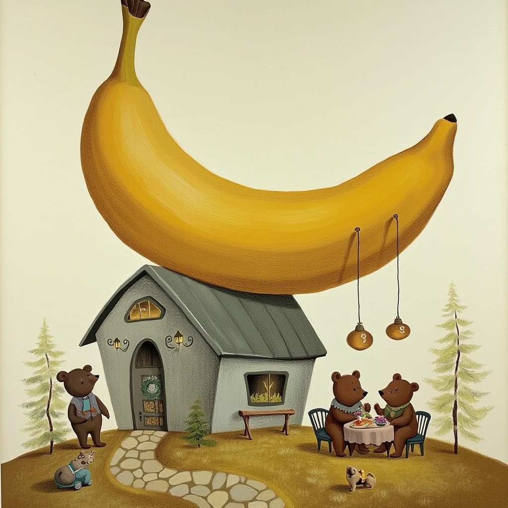 fairy tales,Best picture quality, masterpiece, high definition, 4K,A painting of a house with a giant banana on top of it. The house is gray and white. There is a small window on the front of the house. There are two bears sitting at a table with a cake in front of them.