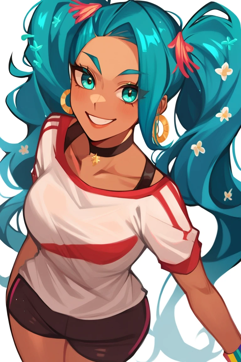 score_9, score_8_up, score_7_up, white background, simple background, 1 girl, alone, long hair, breasts, looking at viewer, smile, shirt, two pigtails, jewelry, medium breasts, very long hair, cowboy photo, earrings, shorts, choker, dark skin, bracelet, aquamarine eyes, dark skinned woman, aquamarine hair,
