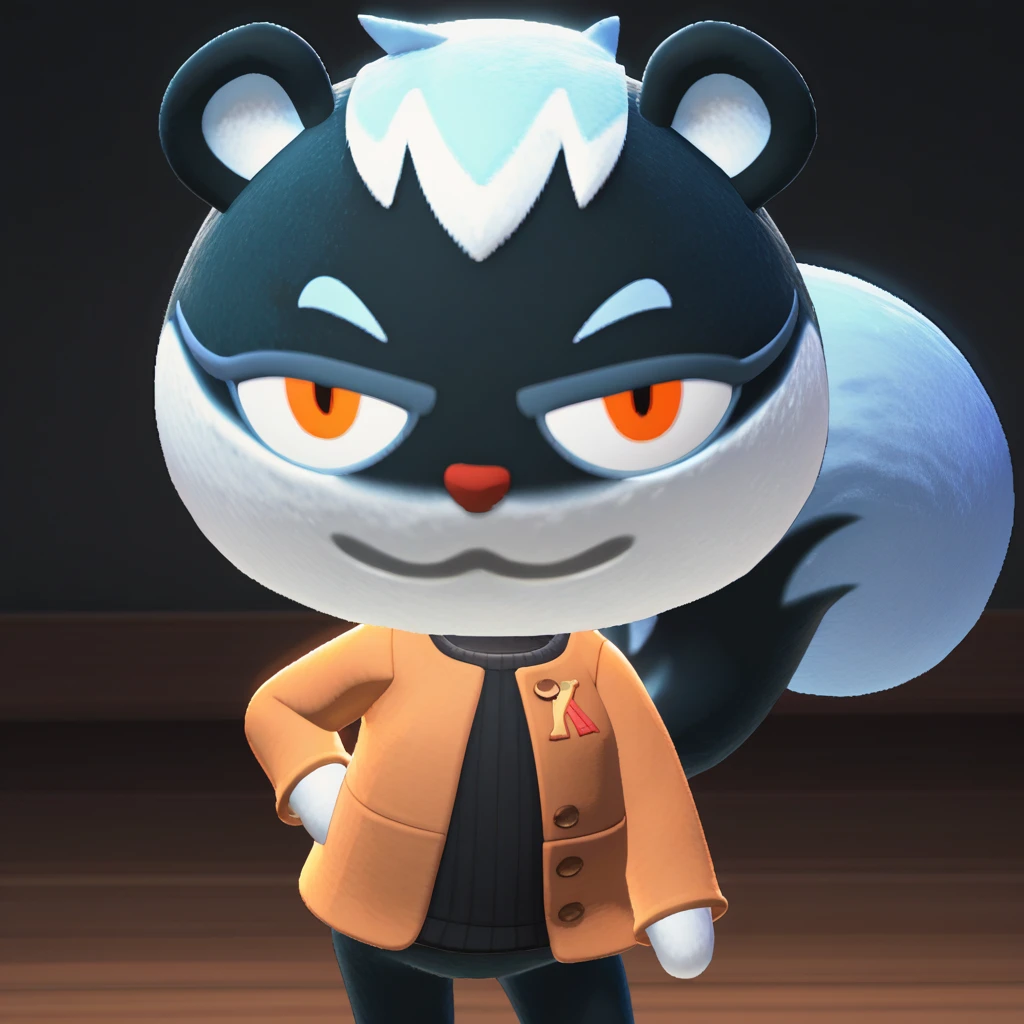 <lora:Tasha_AnimalCrossing-05:1> score_9, score_8_up, score_7_up, source_furry BREAK, tasha_animalcrossing, furry female, squirrel girl, indoors, black floor, black background, standing, looking at viewer, orange jacket, sweater, hand on own hip