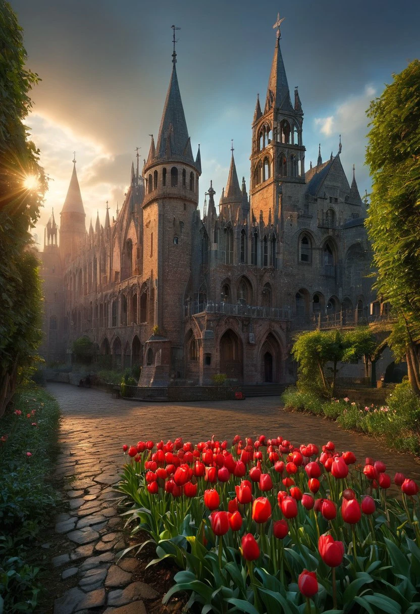 ((best quality:2)), ((masterpiece:2)), (detailed:2), ((High quality:2)),((high resolution:2)) (intricate details:1.2), hdr, (hyperdetailed:1.5), (natural texture,hyperrealism , soft light, sharp:1.2). Massive Gothic style castle with a quadrangular shape,( dark colored bricks on the exterior:2), with an Italian style fountain, with gardens full of bright red tulips and various trees everywhere, seen from the sky