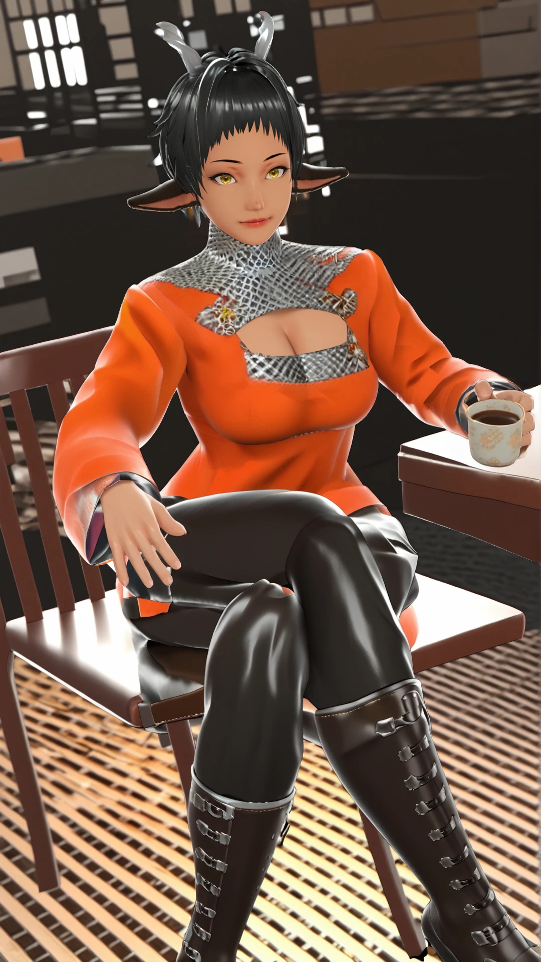 2d, fantasy-style, (zPDXL2), (((cowboy shot))), (((dynamic pose))), (((dynamic angle))), sehele style, webtoon, anime, centered, sajevtu, tanned skin, 1girl, 1woman, medium breasts, tomboy, cleavage, sitting, (((crossed legs))), chair, table, holding tea cup, orange coat, long coat, black hair, short hair, two small twisted silver goat horns, yellow goat eyes, goat ears, chainmail coif, XIV Century Russian Soldier, silver silk sash, intricate patterns, black pants, brown leather boots, ((indoors, cafe)), <lora:sd_xl_dpo_lora_v1:1>, <lora:OMG-Is-DucHaiten_v1.0:0.1>, <lora:Seunghee_Lee_Style_PDXL:0.4>, <lora:ManhwaSDXL:1.5>, <lora:sajevtu2_PonyXL:0.8>