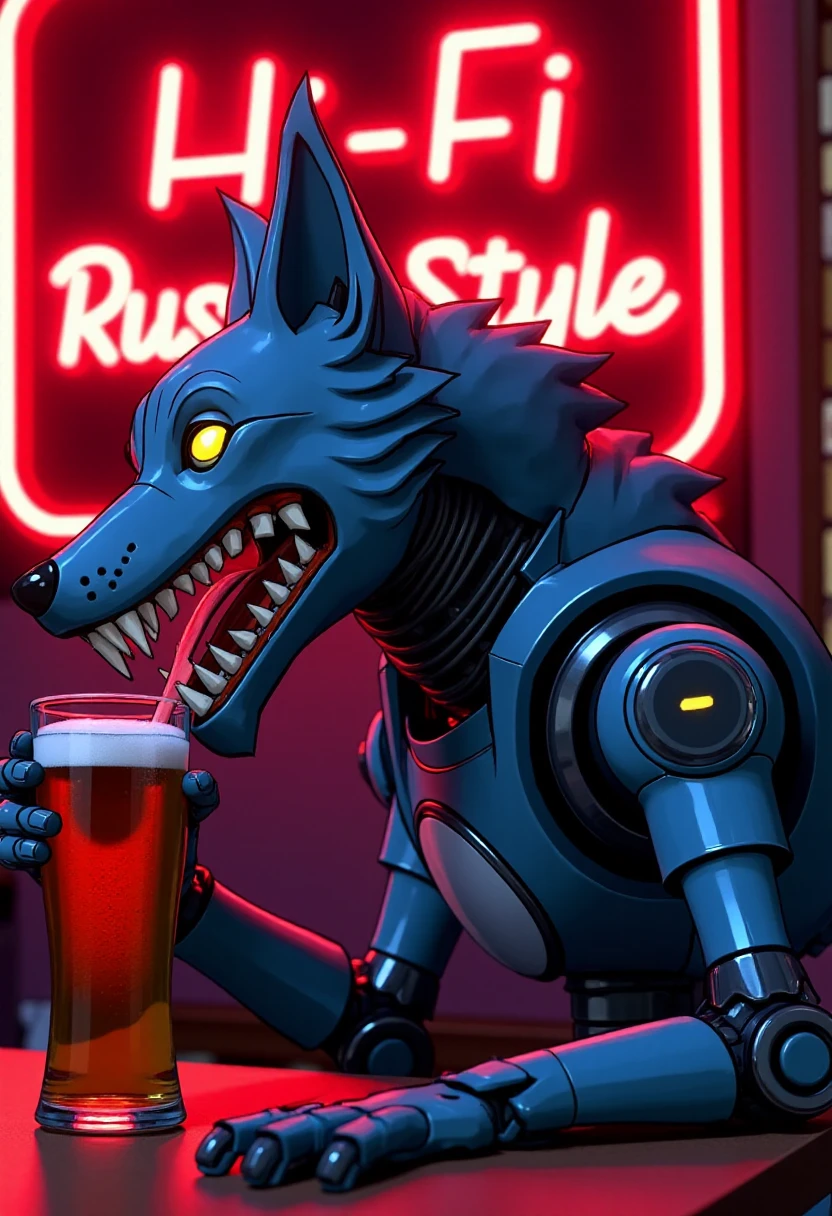 hifirushstyle, robot wolf with sharp teeth getting drunk at a bar. A neon sign in the background of the image has the text "Hi-Fi Rush Style" visible on it.  