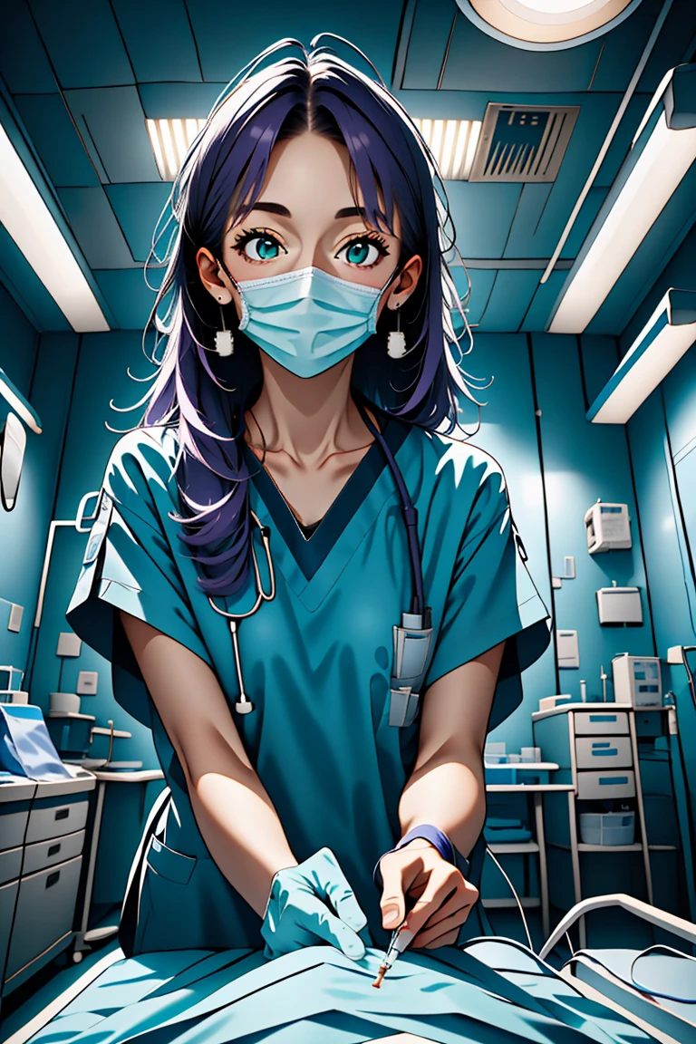 (RAW photo, best quality,facing the viewer,from front), operating room, overhead surgical light,blurred background, focused, dithering,backlighting,
 <lora:CMC924_Isabella_Moretti_V1.0:0.9> cmc924, isabella moretti, 1girl, solo,purple hair, green eyes,long hair, <lora:CM_Doctor_Emergency_Surgery_V2.0:0.9> doctor emergency exam, 1girl, solo, surgical mask, intravenous drip, hospital bed, stethoscope, ceiling light,