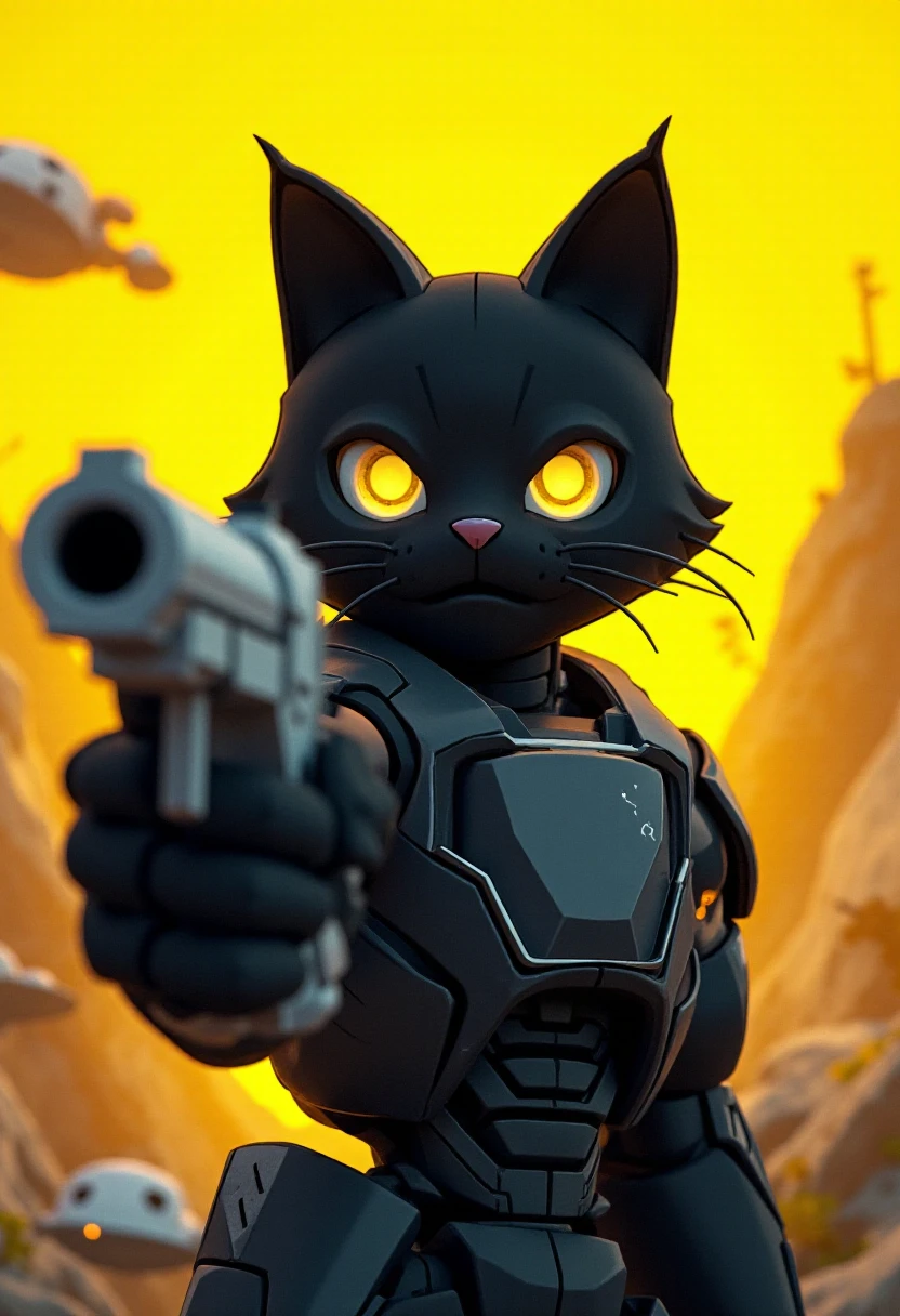 hifirushstyle, a black robot cat aiming a pistol at the viewer. Yellow spaceship background.     